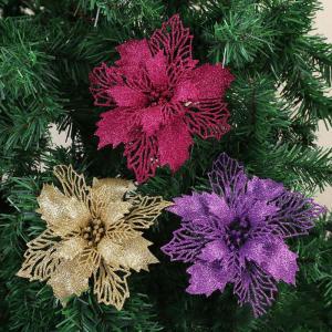 Poinsettia glitterkerstster, 30 stuks, bloemen met clips, glinsterend voor kerstboomdecoraties, kerstbloemen voor Kerstmis, tuin, Nieuwjaar, kransen, paars