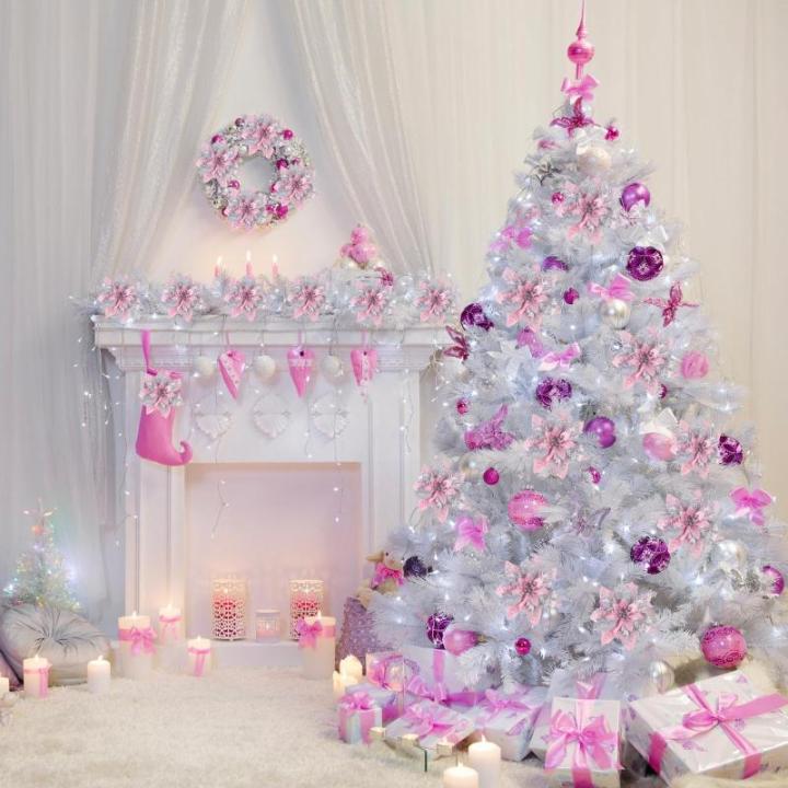 12 stuks glitter kerstster bloemen roze kerstbloemen met 12 stuks kunststof wortelstokken 12 stuks clip kunstglitter kerstboom bloemen voor bruiloft kerstboom decoraties