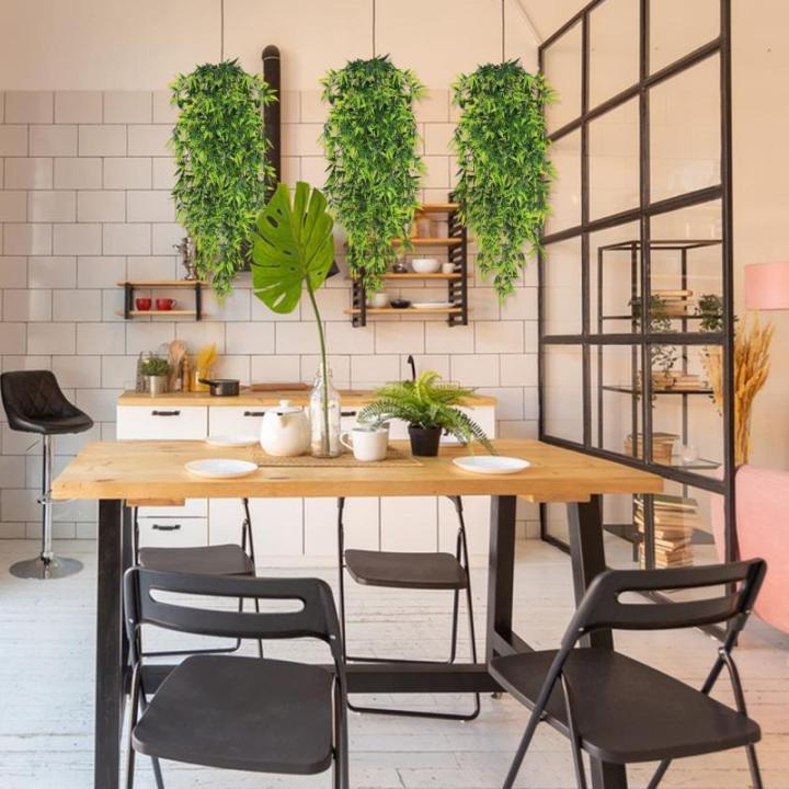 Kunsthangplanten, 3,40 m voor binnen en buiten, groene bladeren, plastic kunstbamboebladeren, huilende hangende planten op pot, groen wijnstokken voor huis, tuin, muur, esthetische
