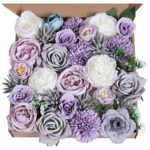 Kunstbloemkoppen, rozen, pioenrozen, dahlia's, bloemhoofden, zijden bloemen, voor feest, doe-het-zelf bruid, bruiloft, bloemstukken, combo decoratie (paars)