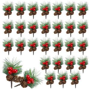 30 stuks kunstdennentakken met bessen, rode bessenstelen, kerstbessen, decoratieve tak met lariksappels, kerstbessen, kunstdennenappels, kerstdecoratie om te knutselen, kunsttakken