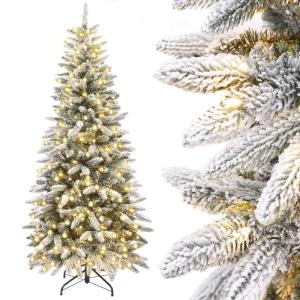 Slim Kunstkerstboom met verlichting, led-dennenboom voor kerstdecoratie, bedekt met witte sneeuw, smal model, wit, 180 cm