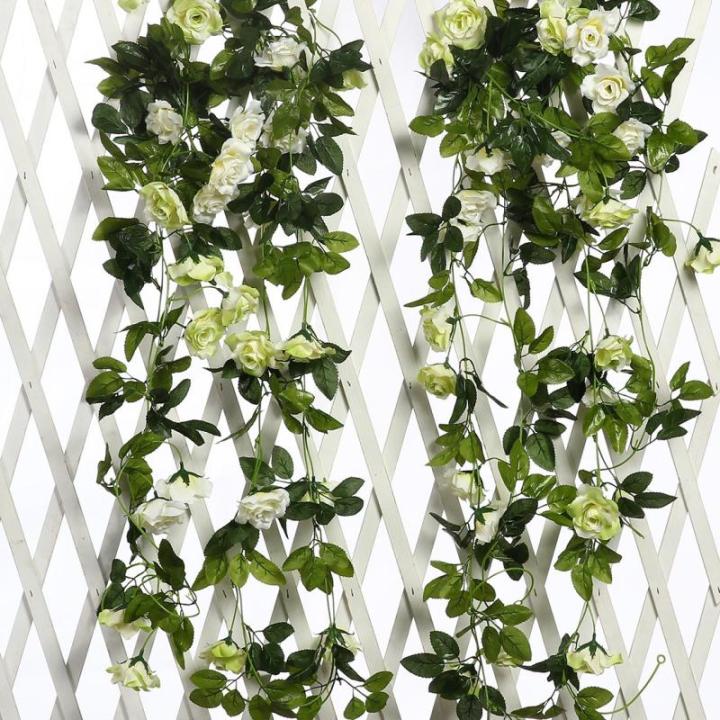 2 stuks 240 cm lange tweekleurige kunstrozenslinger wijn hangen zijde bloem kunstmatige bloem decoratie voor buiten- en binnen, bruiloft, muur (wit)