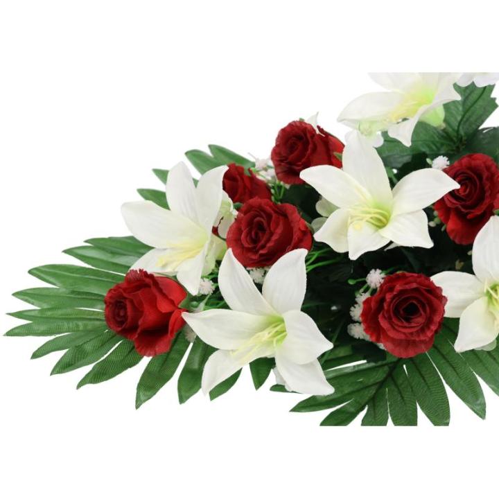 Boeket met kunstlelies en rozen, , oplegger, boeket, bloem, tafeldecoratie, bloemstuk, decoratie, grafdecoratie, grafdecoratie, begraafplaats, begraafplaats, begraafplaats,