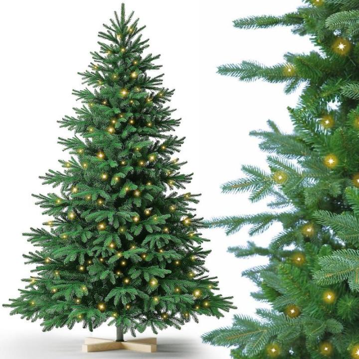 Nordmann Kunstkerstboom, pvc en PE, 210 cm, kunstdennenboom met houten standaard, verlichting led, vlamvertragend, automatische kerstboom, natuurgetrouwe kunstkerstboom