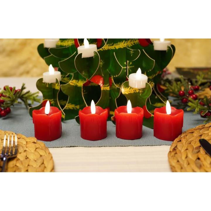 Set van 4 rode vlamloze votief kaarsen echte wax druipend ontwerp, LED Faux batterij aangedreven theelicht kaarsen met timer voor Kerstmis en Advent, batterijen inbegrepen - D 5 cm