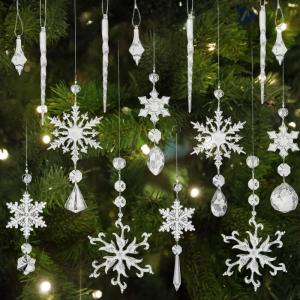 16 stuks kerstdecoratie, acryl kristal sneeuwvlokken met K9 kristal, helder acryl, ijsblokje sneeuwvlok, hangende kersteilanden, sneeuwvlokken, decoraties, kerstboom, hanger