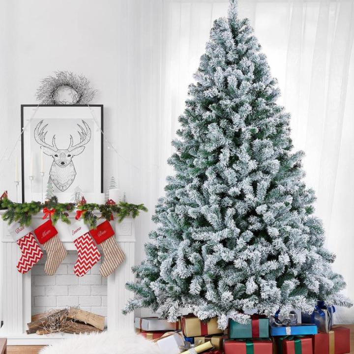 Kunstkerstboom 228 cm (Ø ca. 140 cm) met ca. 1284 punten, dennenboom met sneeuwvlokken, materiaal PVC, incl. metalen kerstboomstandaard, automatische flocking