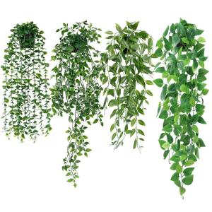 4 stuks kunsthangplanten, eucalyptusbladeren met potten, onderhoudsvrije , wijnstok voor tuin, binnen en buiten (pothos)