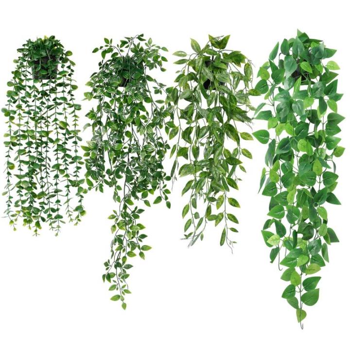 4 stuks kunsthangplanten, eucalyptusbladeren met potten, onderhoudsvrije , wijnstok voor tuin, binnen en buiten (pothos)