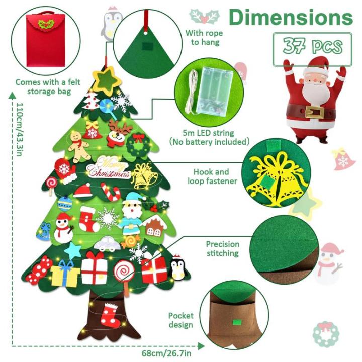 Vilten kerstboom voor kinderen, 3,3FT DIY muur opknoping kerstboom set, kinderen vilten kerstboom met 34 ornamenten en 5 m licht touw, ideaal voor thuis deur raam decoratie