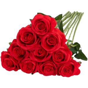 Kunstmatige Zijde Roos Bloem Enkele Stam Levensechte Nep Roos voor Bruiloft Boeket Bloemenarrangementen Huis Feest Bloemstuk Decoratie, 10 stuks (Rood)