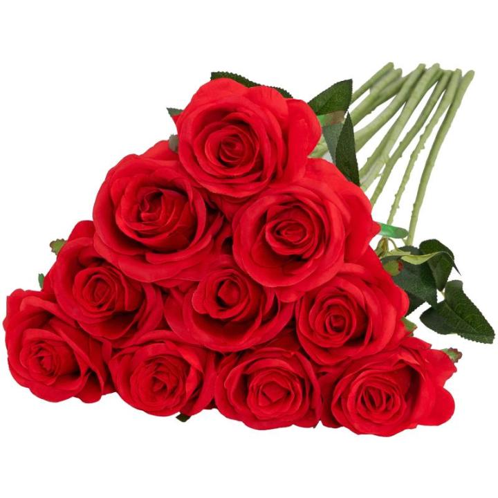Kunstmatige Zijde Roos Bloem Enkele Stam Levensechte Nep Roos voor Bruiloft Boeket Bloemenarrangementen Huis Feest Bloemstuk Decoratie, 10 stuks (Rood)