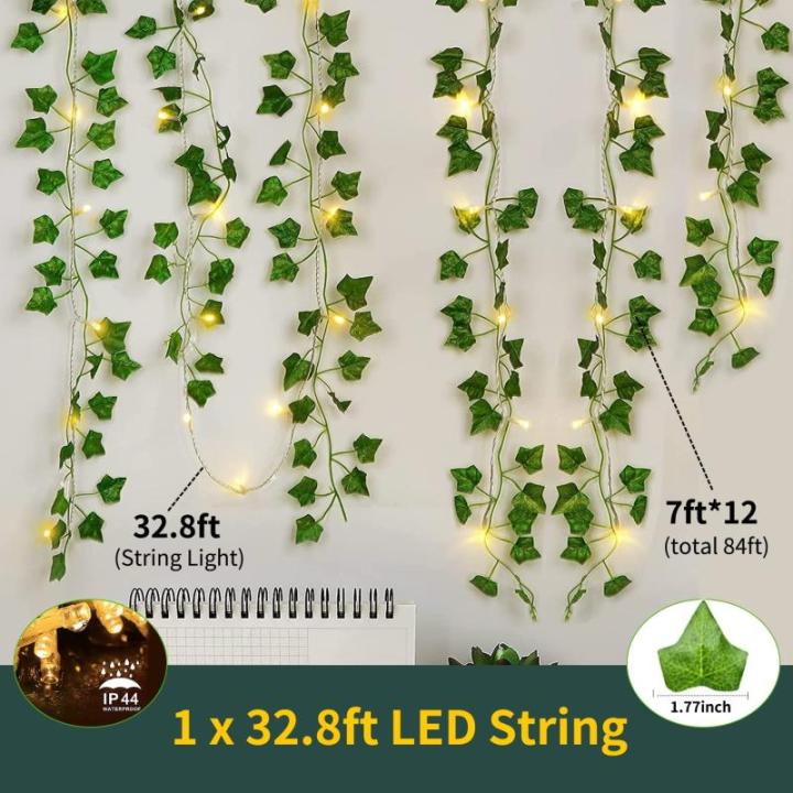 12 Stück künstliche Pflanzen,grün Blatt Efeu Rebe mit 80 LED-Licht, für Hochzeit Party Garten Festival Dekorationen Wanddekoration