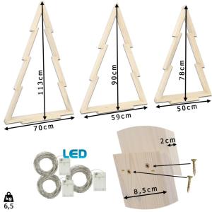 Kerstbomen van hout in 3-delige set met LED-verlichting - XLL 113 cm, 90 cm, 78 cm. Natuurlijk hout, verf de bomen in elke kleur. Moderne kerstdecoratie voor bedrijf, hotel, etalag
