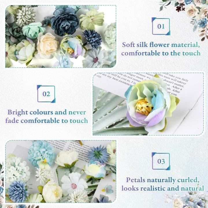 40 stuks kunstbloemen om te knutselen, 2,5 cm ~ 5 cm, bloemendecoratie, blauwe kleur kunstbloemen als echt, kunstbloemen bloemkoppen kunnen voor haarsieraden, kleding