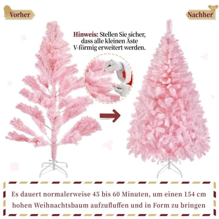 Kunstkerstboom, 154 cm, roze, dennenboom met 398 takken, opvouwbare metalen standaard, herbruikbare kerstboom, kunstboom voor kerstdecoratie