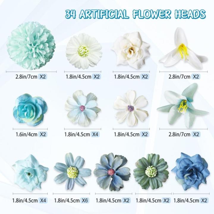 34 stuks om te knutselen, blauw, kleine bloemkoppen, 4 ~ 7 cm, mini , bloemhoofdjes, decoratie, zijden bloemen, , bloemendecoratie, rozen, hortensia's voor