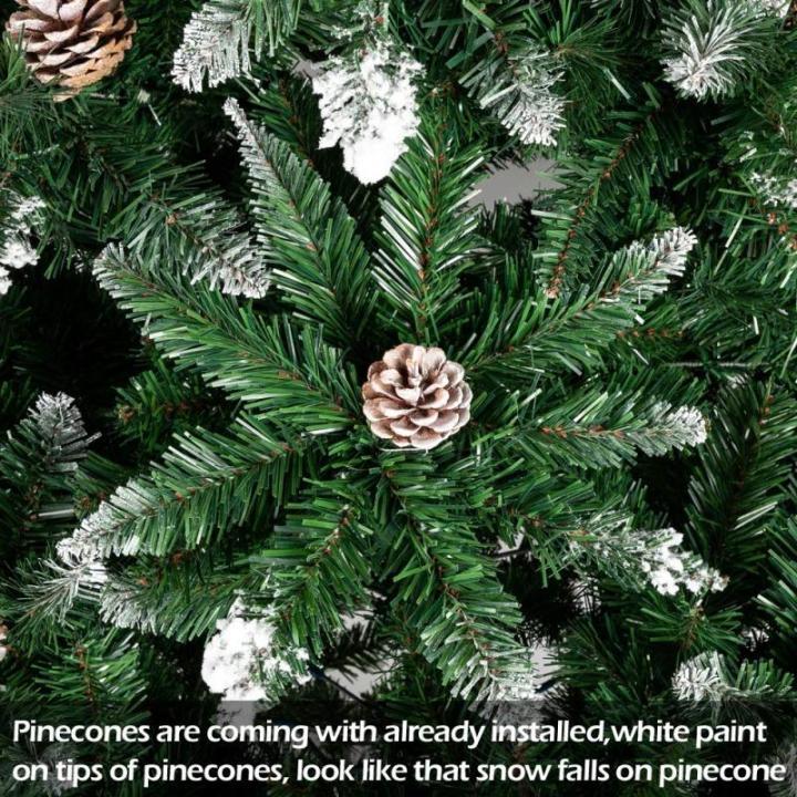 Kunstkerstboom, 120/150/180/210 cm, pvc-materiaal, verdikte takken, opvouwbaar, met robuuste sokkel, groen en wit met dennenappels, 150 cm
