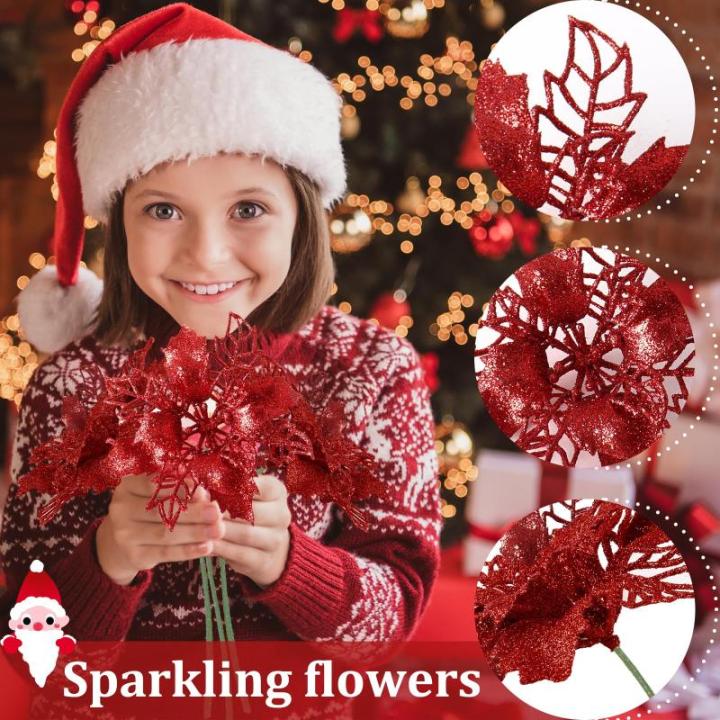 Kunstkerstbloemen, kerstboom bloemen met 15 clips, glitterbloemen, Kerstmis, kunstbloemen voor Kerstmis (rood)