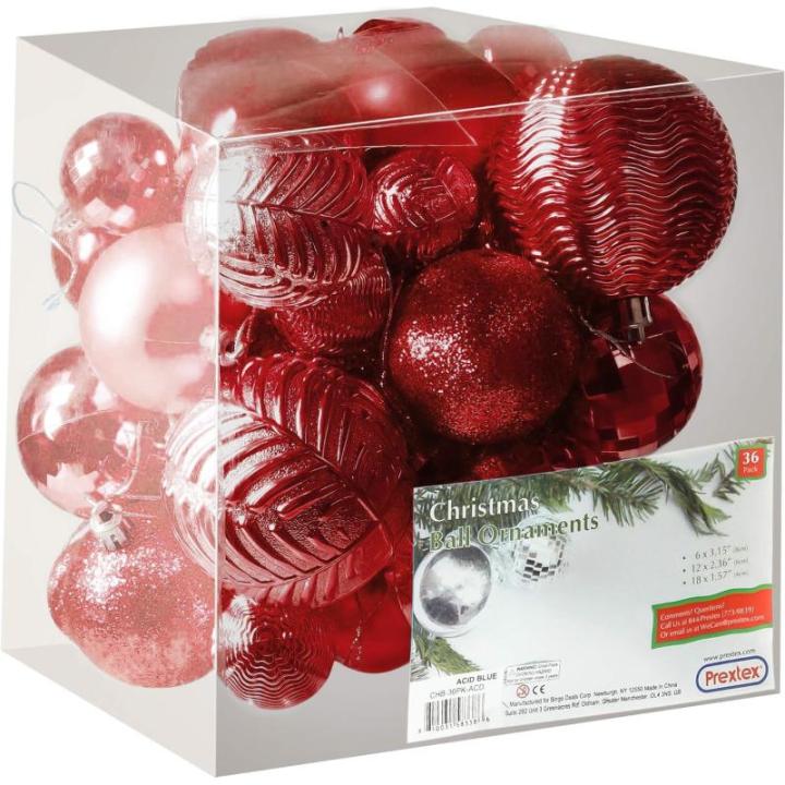 rode kerstbalornamenten voor kerstversiering - 36 stuks kerstboom onbreekbare ornamenten met ophanglus voor vakantie- en feestdecoratie (combo van 6 stijlen in 3 maten)