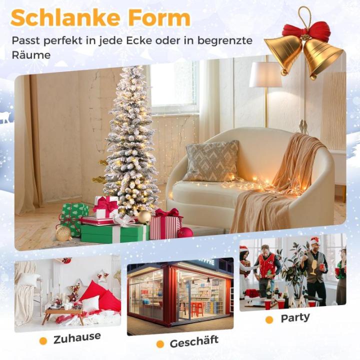 Kunstkerstboom met sneeuw, 120/140 warmwitte leds, 8 transformatiemodi, 249/334 takpunten, van PE en pvc, 150 cm/180 cm, met cementbasis (180 cm)