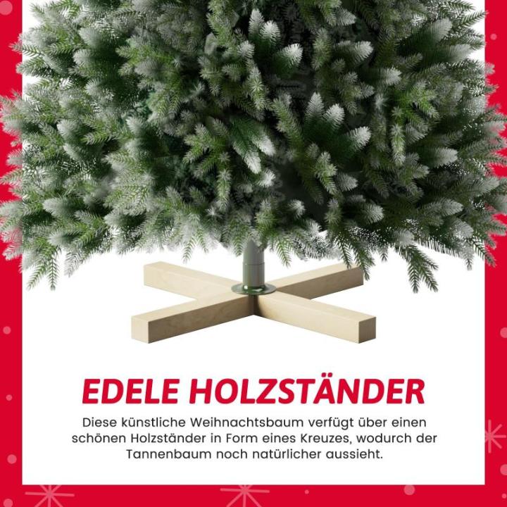 Onin, kunstkerstboom met kunstsneeuwcoating op punten, met 1250 takken en houten standaard, inclusief 85 PE-spuitgietwerk en 1165 pvc-punten, inklapsysteem (H210 cm)
