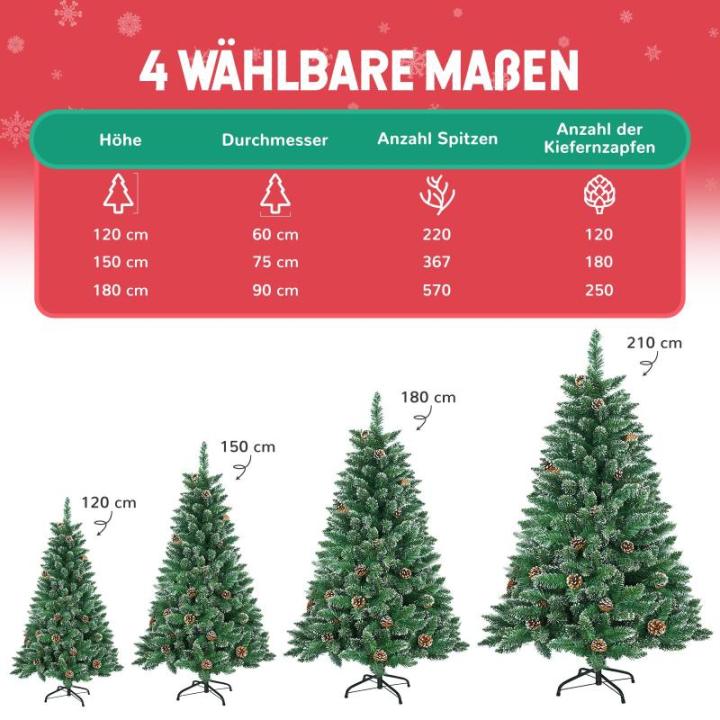 Kunstkerstboom, sneeuwserie, dennenboom, kunstkerstboom in winterlook met kunstsneeuw, 15 dennenappels en 180 takken, klapsysteem, geen naalden, van pvc, moeilijk ontvlambaar, diam