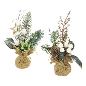 Kunstmini-kerstbomen met bessendennenappels, ster dennentakken in jute pot, 23 cm, set van 2 bloemstukken, kunstbloemen, winterbloemen, planten, takken, kerstdecoratie, tafeldecora