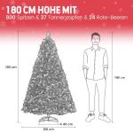 arivoo Binja Opvouwbare kerstboom, versierd met 800 takken, 37 dennenappels, 24 bessen en standaard, buigbare pvc-punten met sneeuwvlokken, moeilijk ontvlambaar (H180 cm)
