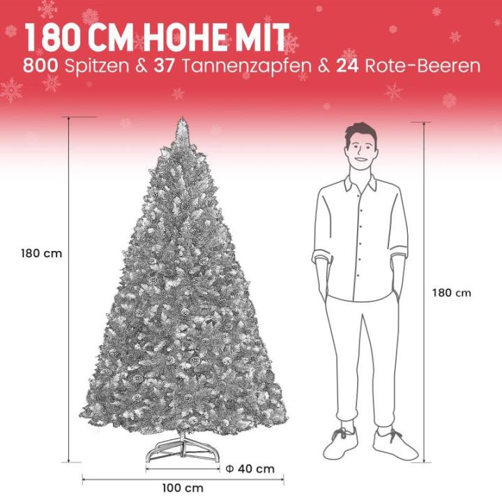 arivoo Binja Opvouwbare kerstboom, versierd met 800 takken, 37 dennenappels, 24 bessen en standaard, buigbare pvc-punten met sneeuwvlokken, moeilijk ontvlambaar (H180 cm)