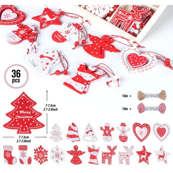 36 stuks houten kerstboomversiering, rood wit, kerst, kerstversiering, kerstversiering, kerstboomversiering, voor kerstkalender, decoratie, decoratie