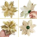 20 Stück Weihnachten Glitzer Weihnachtsstern Blumen mit Clips, Poinsettia Weihnachtsblume Glitzernde für Weihnachtsbaum Dekorationen (Gold)