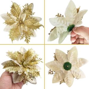 20 Stück Weihnachten Glitzer Weihnachtsstern Blumen mit Clips, Poinsettia Weihnachtsblume Glitzernde für Weihnachtsbaum Dekorationen (Gold)