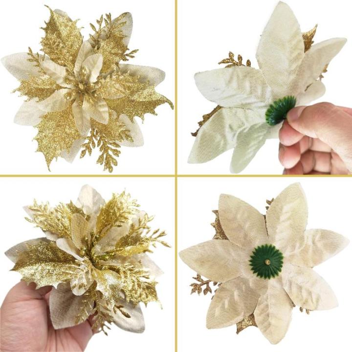 20 Stück Weihnachten Glitzer Weihnachtsstern Blumen mit Clips, Poinsettia Weihnachtsblume Glitzernde für Weihnachtsbaum Dekorationen (Gold)