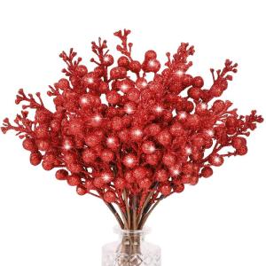 24 stuks bessen kerstdecoraties, kerstbessen met glitter, kunstmatige hulstbessen stamornamenten voor krans die kerstboomdecoraties maakt