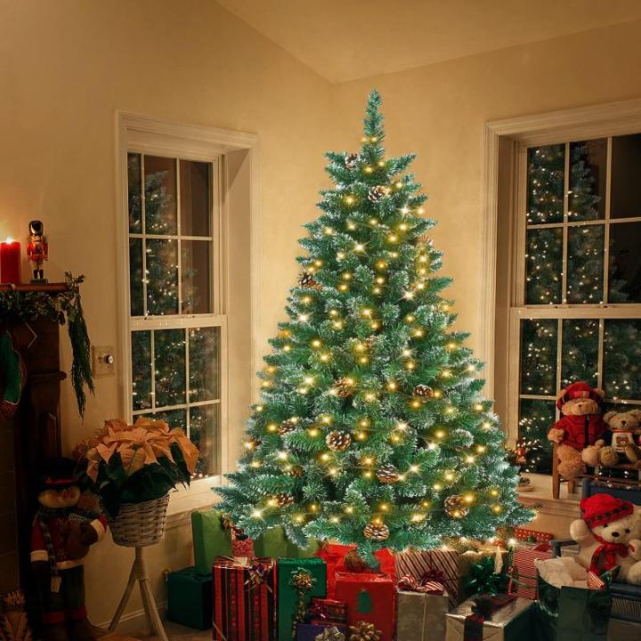 Kunstkerstboom met verlichting, 210 cm, kunstkerstboom met sneeuw en dennenappels, snelle montage, incl. kerstboomstandaard