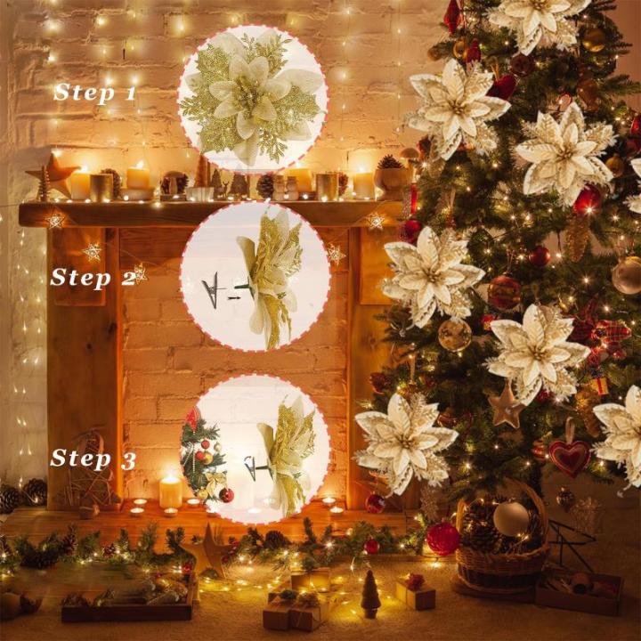 12 Stück Weihnachten Glitzer Weihnachtsstern Gold Künstliche Blumen Deko, Weihnachtsstern Künstliche Blumen mit Clips + Vorbauten, Weihnachtsblumen für Weihnachts Hochzeits Gar