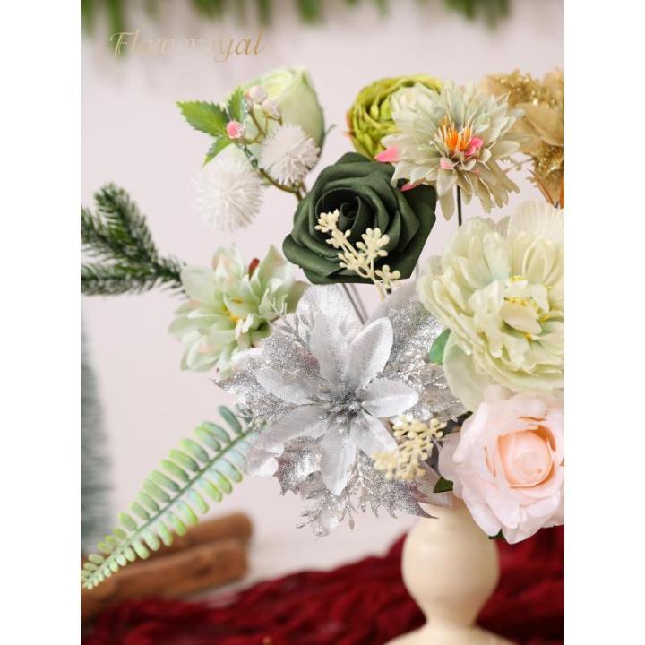Kunstkerststerren, zijden bloemen, kunstrozen met stelen voor bruiloft, bruidsboeketten, tafeldecoratie, kerstdecoratie (goud, zilver en lichtgroen)