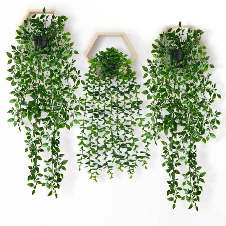 Hangende kunstplant in pot, 3 stuks hangplanten, , wijnstok, eucalyptus, tot 80 cm lang, plastic planten, decoratie, groene planten voor binnen en buiten, keuken, kamer, muur,