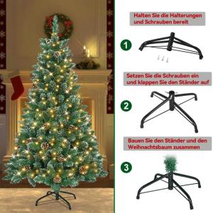 Kunstkerstboom, 120 cm, pvc-kunstboom met 120 leds, standaard en dennenappels, dennenboom, decoratieve kerstboom met sneeuweffect, kunstkerstboom voor binnen en buiten