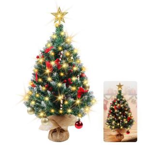 Mini kerstboom van 60 cm met 50 led-lichtslingers, doe-het-zelf kunstkerstboom met ster en rode strikken, dennenappels en rode bessen, decoratie voor Kerstmis, thuis, keuken, eetta
