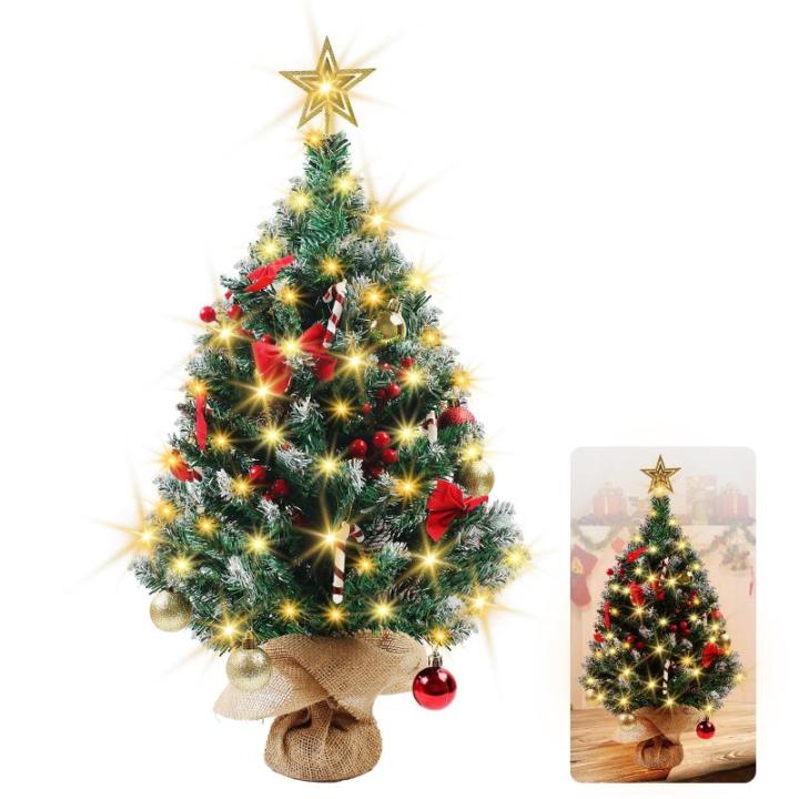 Mini kerstboom van 60 cm met 50 led-lichtslingers, doe-het-zelf kunstkerstboom met ster en rode strikken, dennenappels en rode bessen, decoratie voor Kerstmis, thuis, keuken, eetta