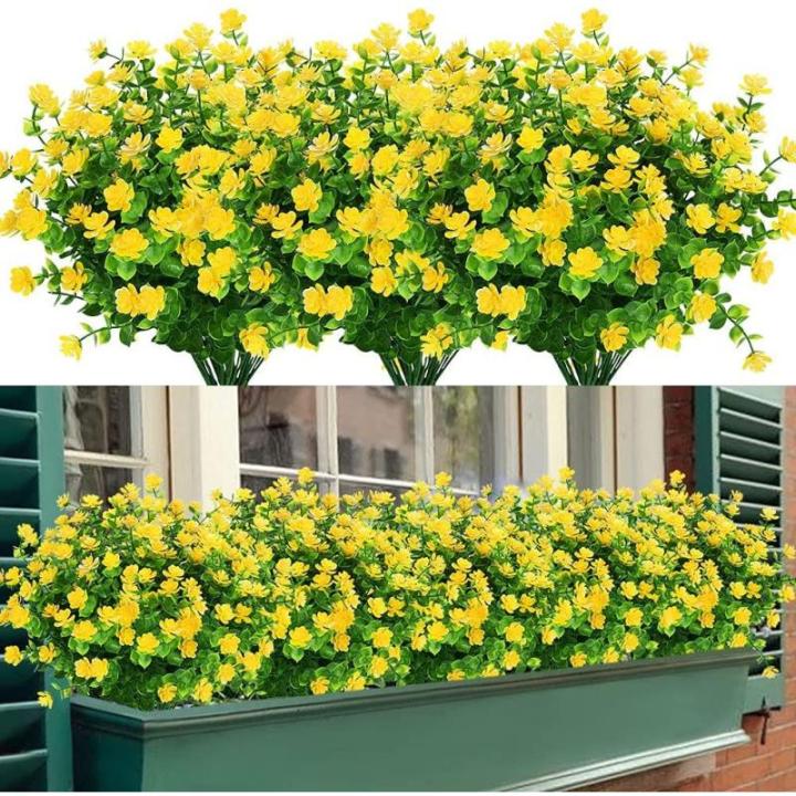 Kunstbloemen voor buiten, uv-bestendig, , bloemen in grote hoeveelheden voor het ophangen van plantenbakken, buiten, veranda, vaas, thuis, raamdecoratie, 6 bundels, geel