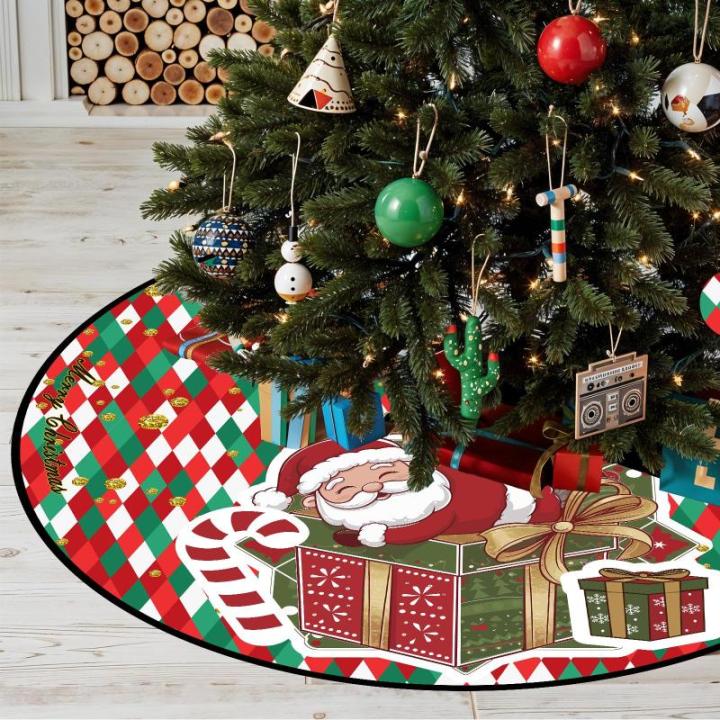 Kerstboomrok, 120 cm, groen-rode kerstboomdeken, grote kerstboomdeken met kerstman, polyester dennenboomdeken, retro kerstboomdeken voor winter, Kerstmis, feestdecoratie, binnen en
