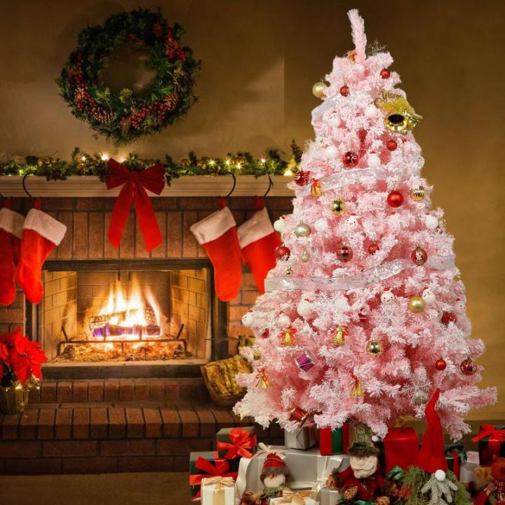180 cm kerstboom bevlokt roze met volle flocked decoratie met sneeuwvlokken, 808 punten dennenbladeren van pvc en stabiele basis, kerstboom voor kerstdecoraties