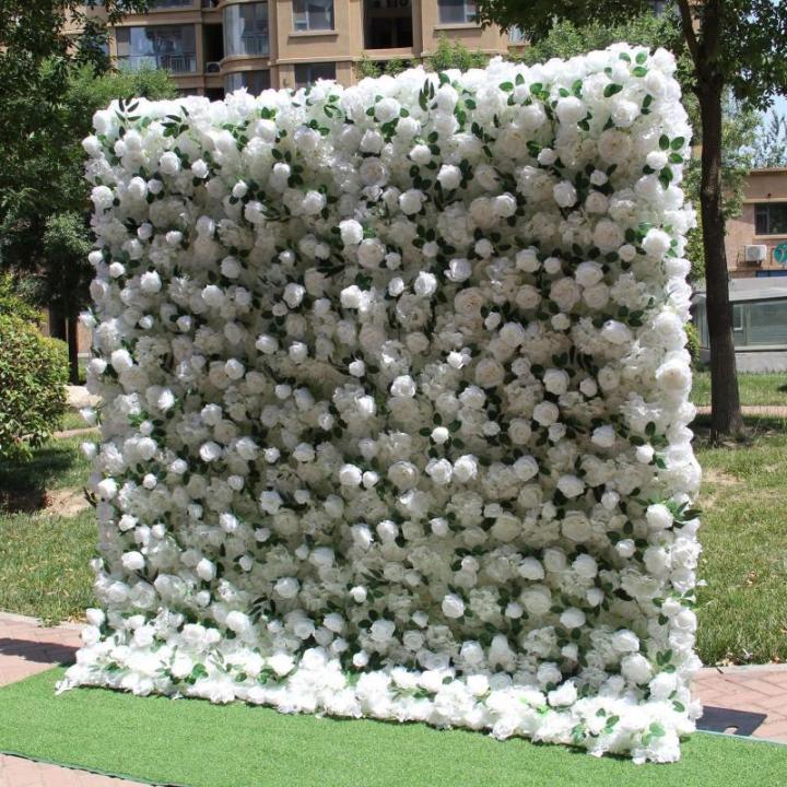 Simulierter Stoffhintergrund, Blumenwand, Simulierte Weiße Rosen, Grüne Pflanzen, Künstlicher Blumenwandhintergrund, Seidige 3D-Rosen, Dekoration Für Drinnen Und Draußen, Für