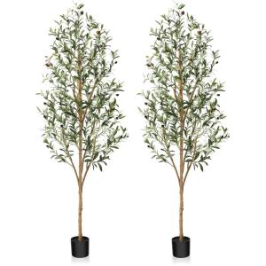 Kunstmatige olijfboom, 180 cm, grote kunstplant met natuurlijke houten stam en vruchten, kunstmatige olijfboom in pot, voor huis, slaapkamer, kantoor, tuin, decoratie (2 stuks)