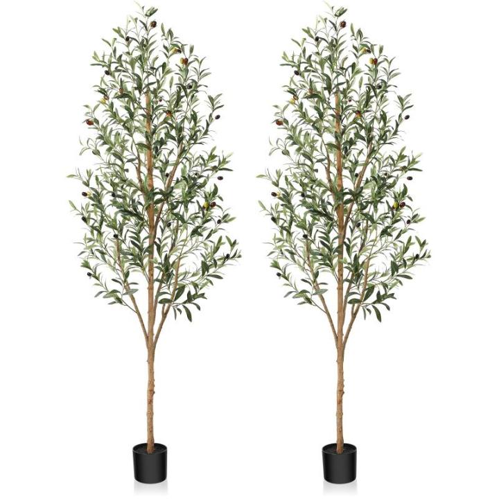 Kunstmatige olijfboom, 180 cm, grote kunstplant met natuurlijke houten stam en vruchten, kunstmatige olijfboom in pot, voor huis, slaapkamer, kantoor, tuin, decoratie (2 stuks)