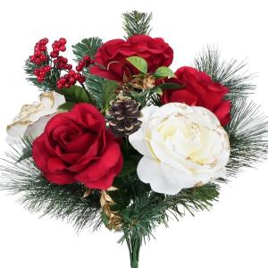 Künstliche Weihnachtsblumen, künstliche Rosensträuße, rote Rose mit Beeren, Winterblumenarrangements für Zuhause, Tischdekoration, Innen- und Außenbereich, Weihnachtsfeiertag